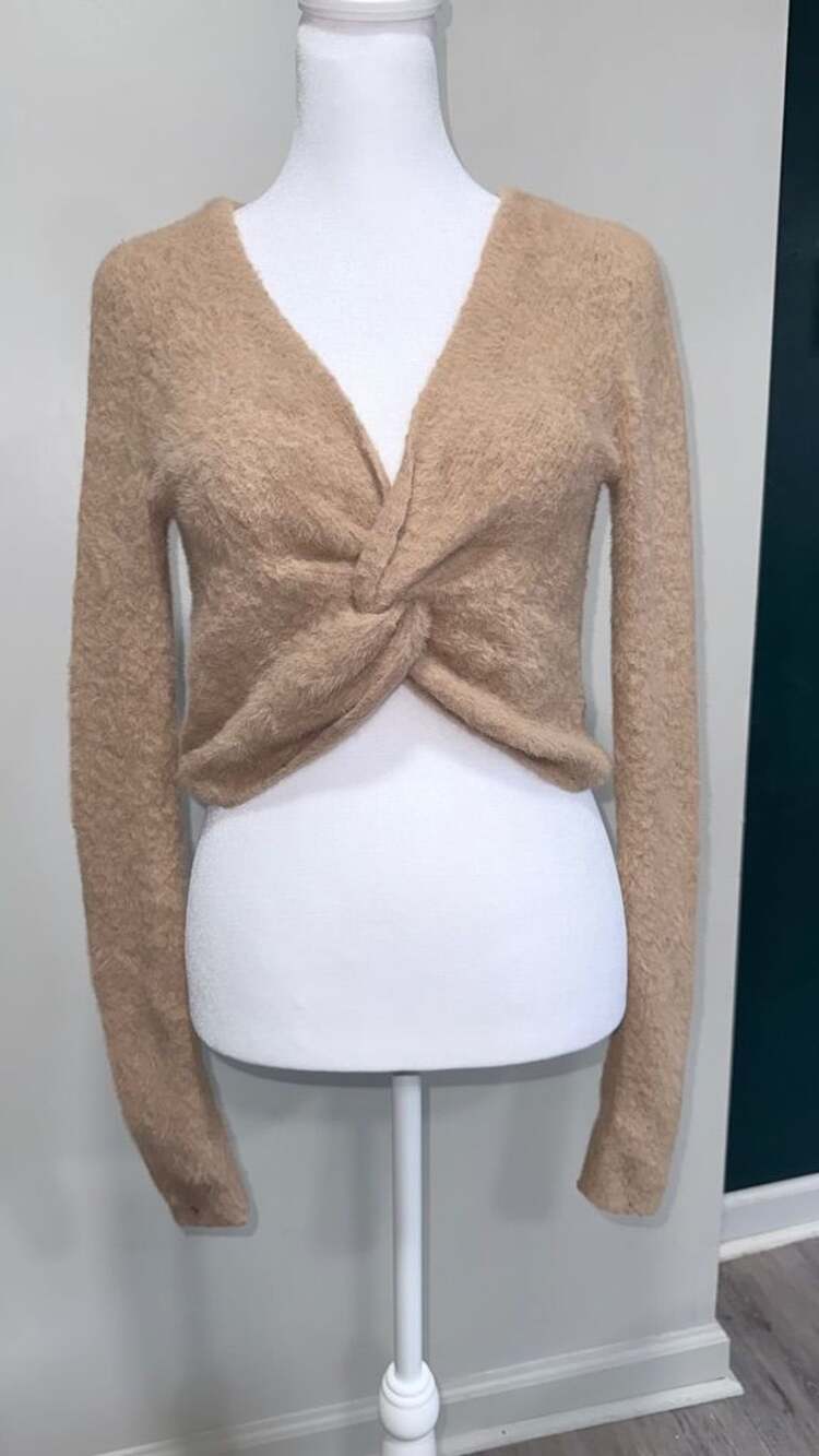 Beige Knit Twist Front Cardigan